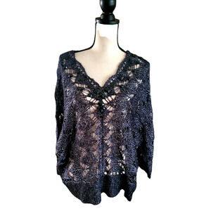 Chico's Black & Silver Beaded Open Weave 3/4 Sleeve Sweater Top 3 or XL